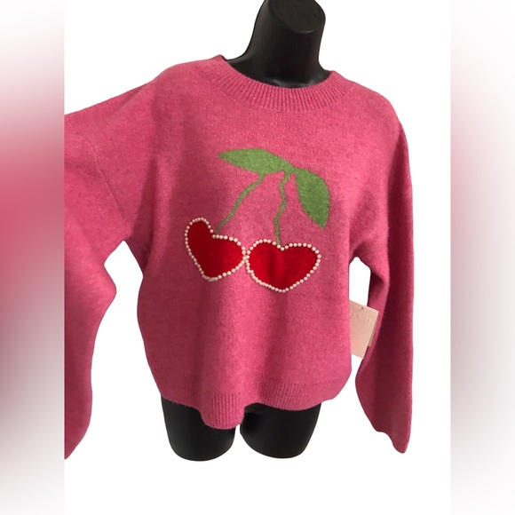 Pearl studded Heart shaped cherry printed pink sweater size medium brand new - Picture 5 of 9